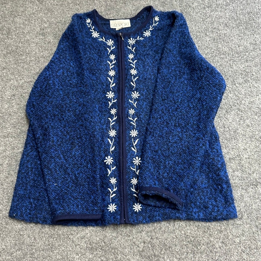 C.D. Sport Cardigan Womens Size L Blue Floral Embroidered Full Zip Marled Knit